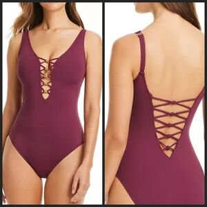NEW! BLEU ROD BEATTIE Plum Lace-Up Let's Get Knotty One-Piece Swimsuit.